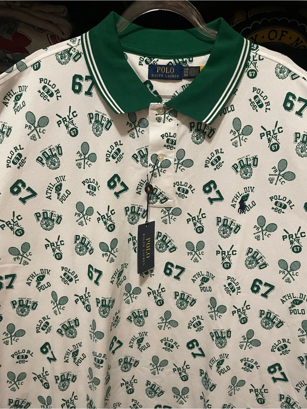 NWT Polo Ralph Lauren white polo shirt with green tennis-themed print 3XB